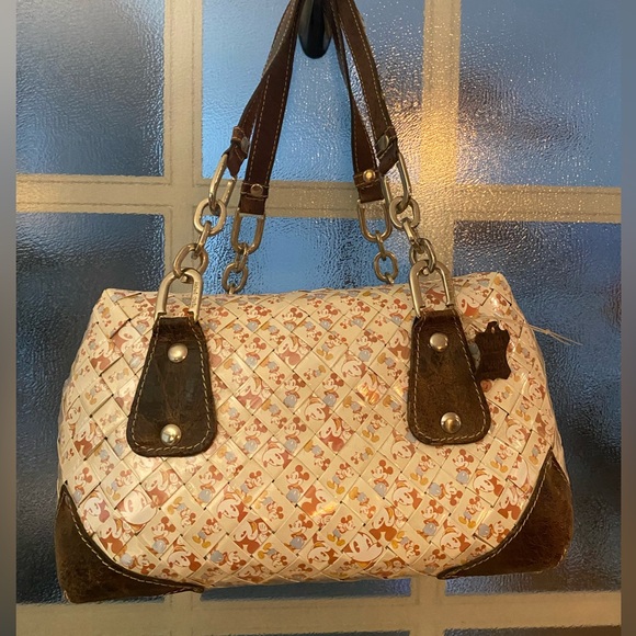 Brown and Cream Woven Handbag Mickey Mouse Vintage satchel with leather strap - Picture 1 of 16